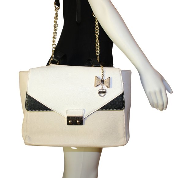 Guess Satchel Handbag Purse Beige Black White - Picture 1 of 3
